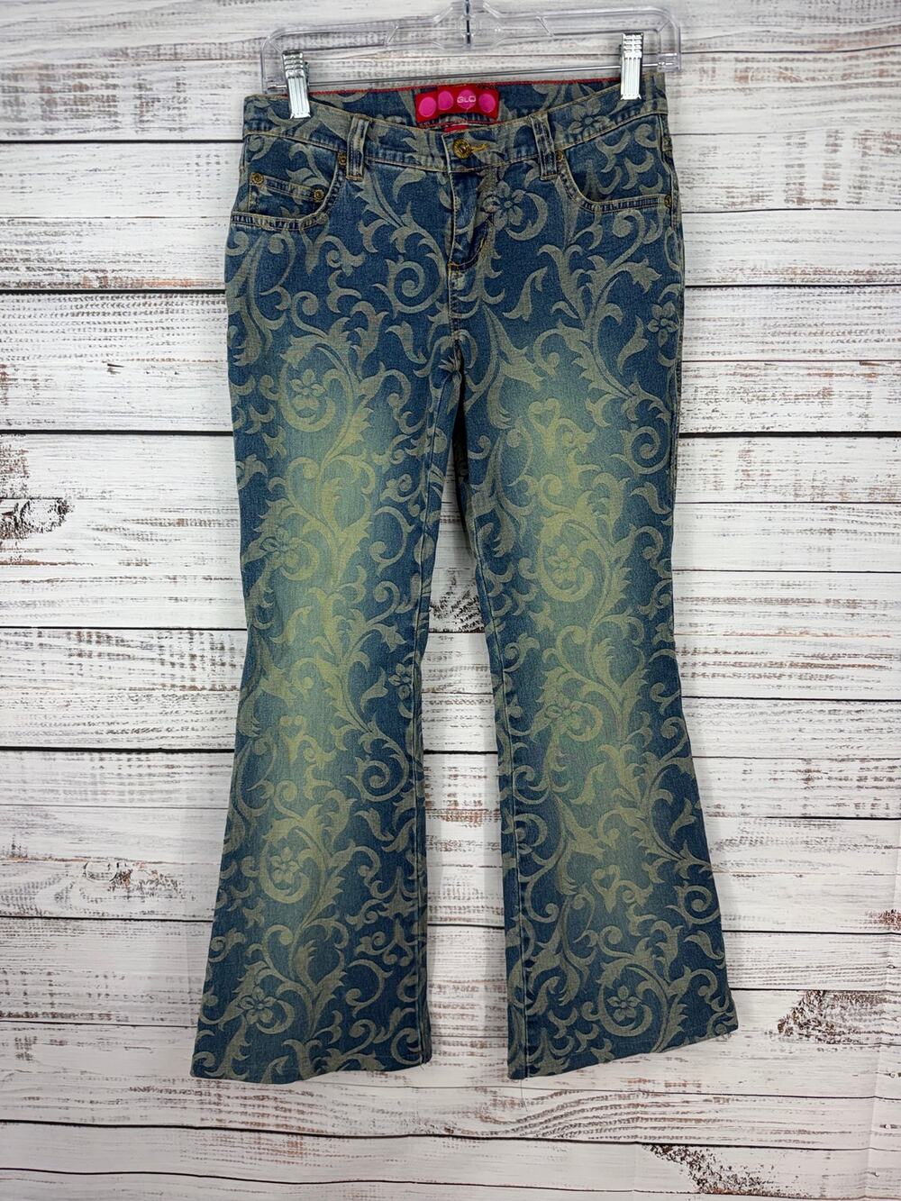 Y2K Glo Low Rise Flare Jeans 28 Floral Paisley Print Retro Boho Bratz Hippie